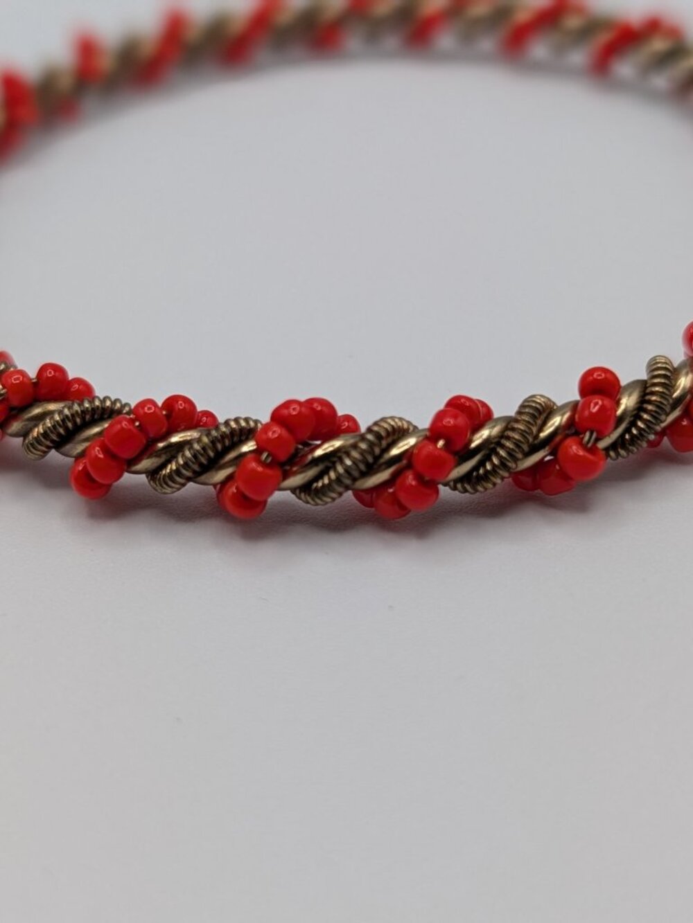 Red Seed Bead Twisted Rope Bangle Bracelet Antique Brass Boho Stacking Bangle